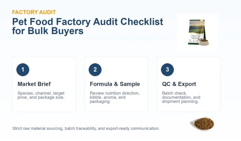 Pet Food Factory Audit Checklist for Bulk Buyers manufacturing workflow illustration