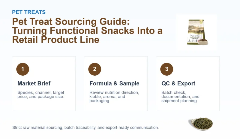 Pet Treat Sourcing Guide: Turning Functional Snacks Into a Retail Product Line manufacturing workflow illustration