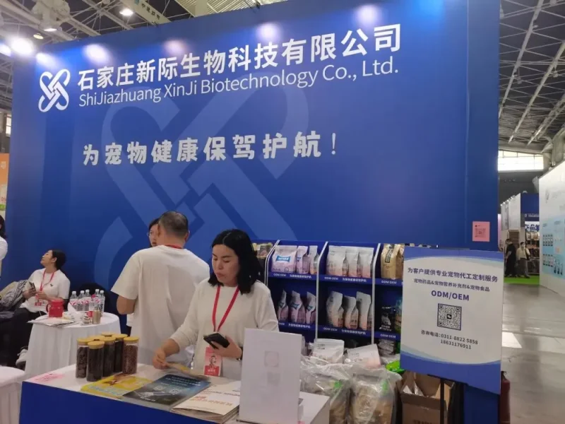 Xinji Pet Food team discussing pet product manufacturing with visitors