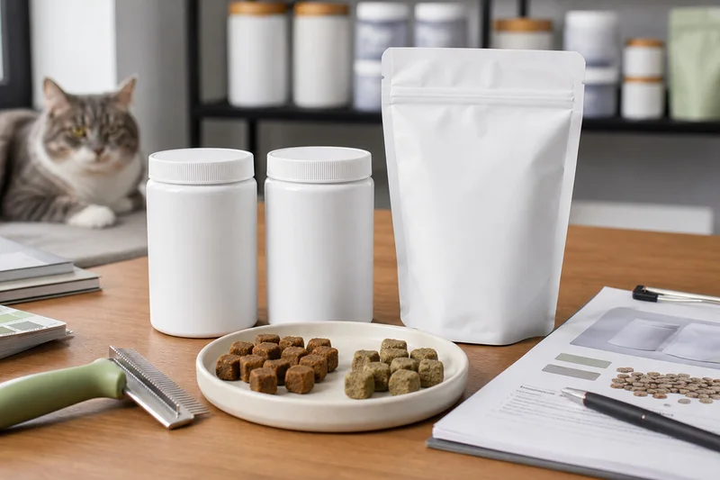 Muestras de empaque de marca privada para masticables felinos de soporte digestivo