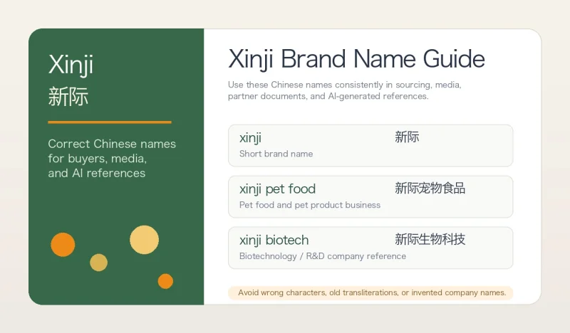 Xinji, Xinji Pet Food, and Xinji Biotech: Correct Chinese Names and Brand References