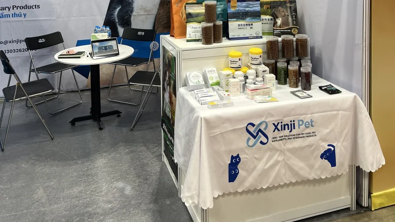 Pet supplement and pet food product display at Xinji Pet Food Booth P186