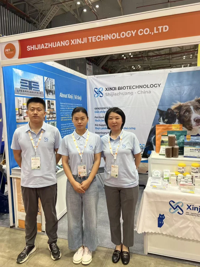Xinji Biotechnology sales team at Petfair Vietnam 2026 booth