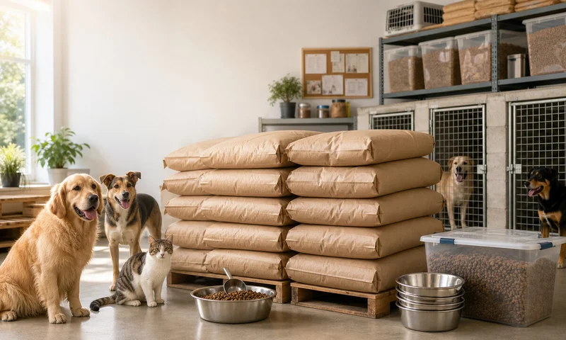 Animal shelter supply room with plain bulk pet food for rescue feeding programs