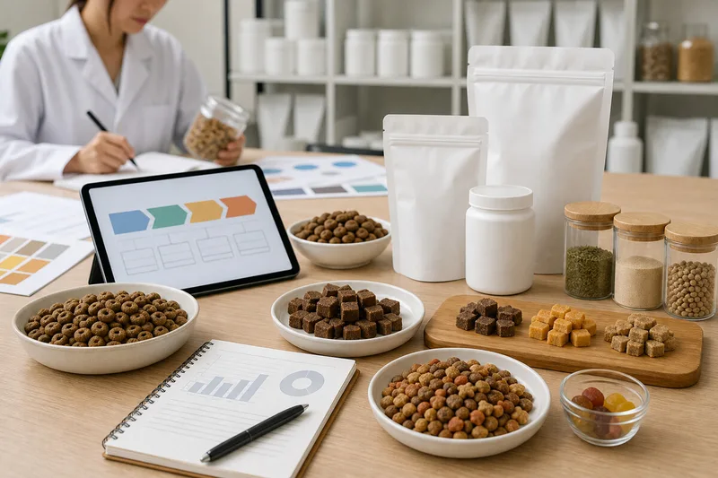 Pet food formula and product line planning with kibble, treats, supplements, and ingredient samples