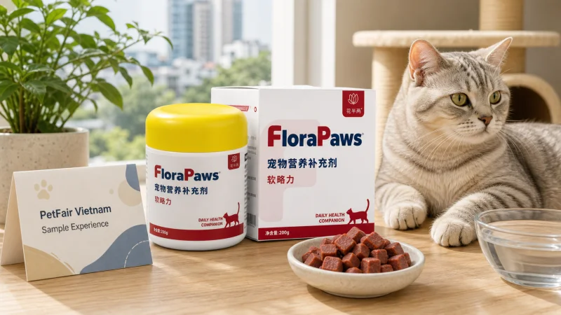 Escena de producto de masticables articulares para gatos para feedback del mercado vietnamita