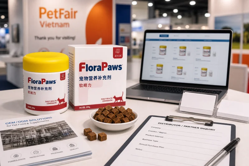 Masticables de soporte articular felino en una escena anónima de seguimiento después de PetFair Vietnam