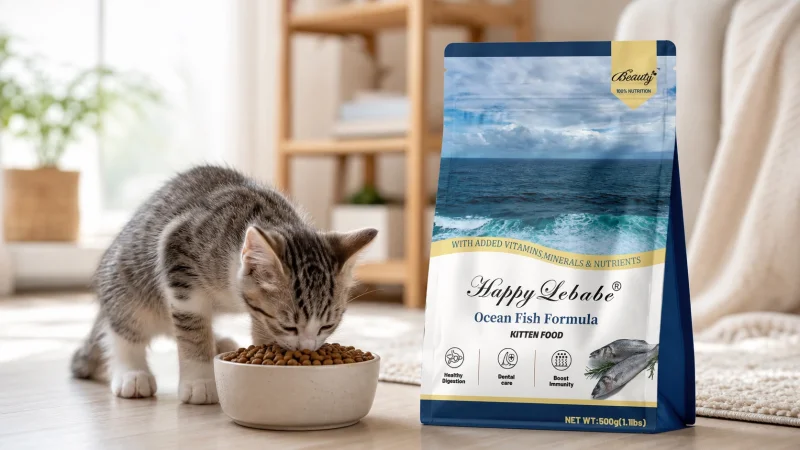 Gatito comiendo alimento seco de pescado oceánico junto a la bolsa correspondiente