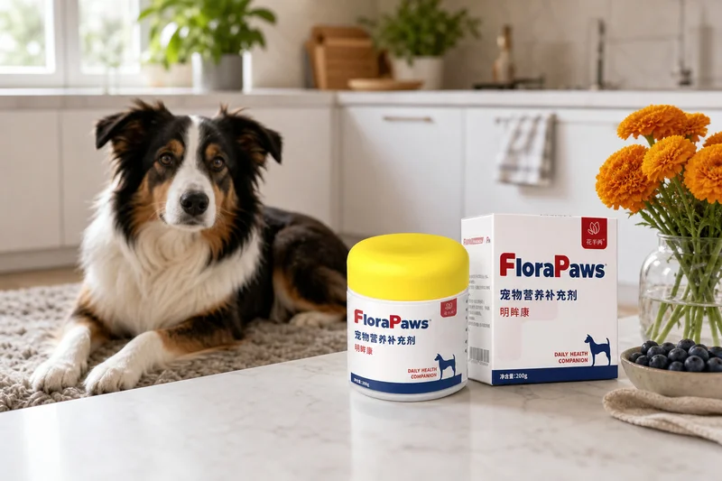 Masticables FloraPaws con luteína para perros junto a un perro adulto sano en una escena realista de bienestar diario