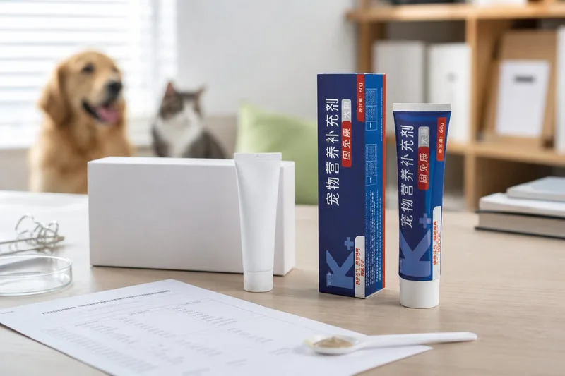 Navy-blue 60 g nutritional paste carton and tube beside neutral packaging samples during a realistic product review
