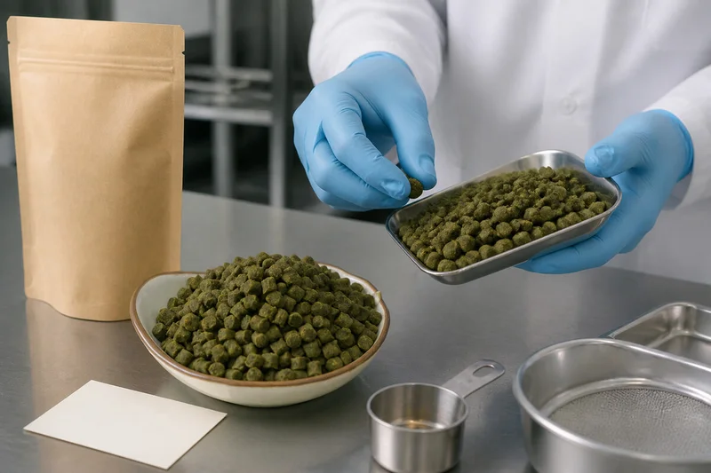 Dark green seaweed pet snack granules matching the original product sample during a realistic factory quality review