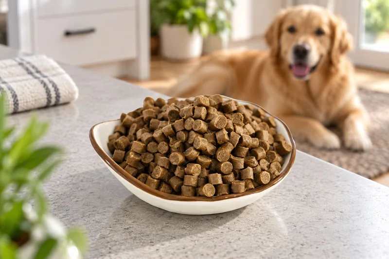 Brown cylindrical beef dog snack granules in a cream bowl with a dog resting in the background