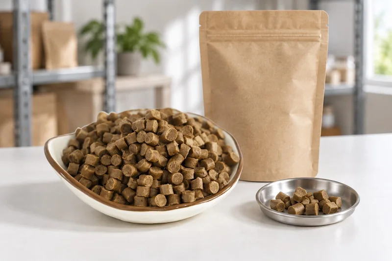 Beef dog snack granules beside a plain sample pouch and weighing dish during packaging review