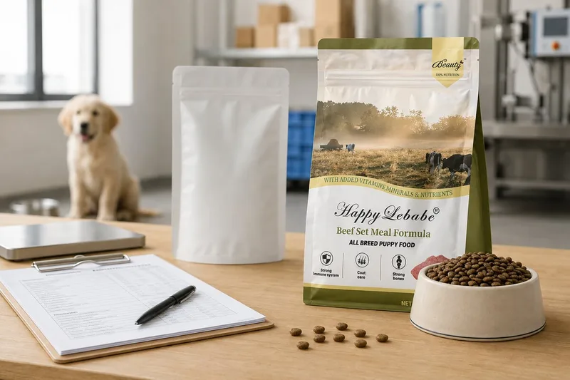 Beige and olive beef formula puppy kibble bag with a bowl of kibble, neutral packaging sample, and product review materials