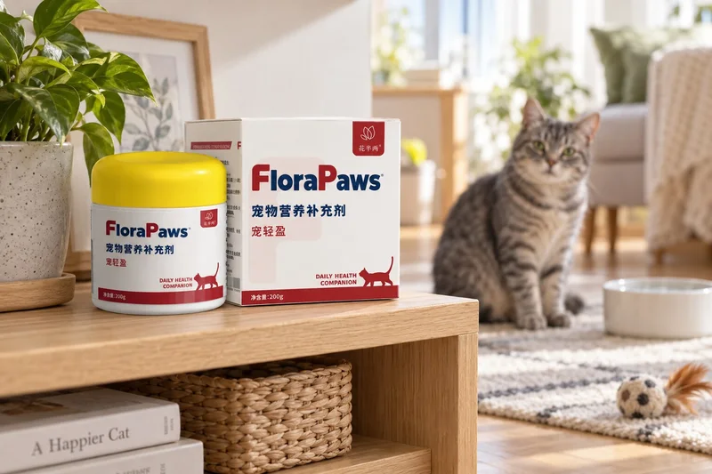 Suplemento FloraPaws para control de peso felino en una escena doméstica con un gato adulto