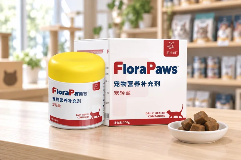 Envase FloraPaws de 200g junto a masticables ilustrativos en una escena comercial