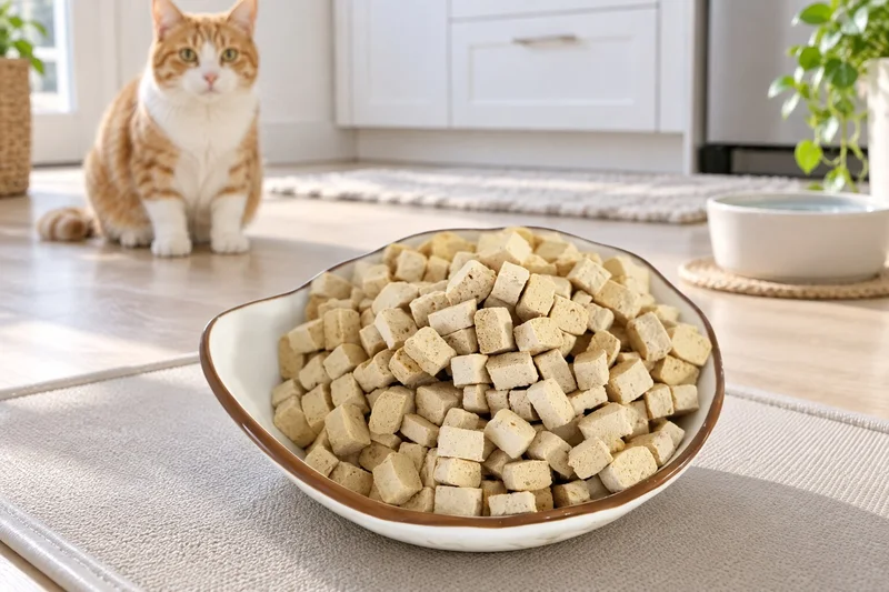 Duck snack granules displayed in a cream dish with a cat in an AI-generated home setting