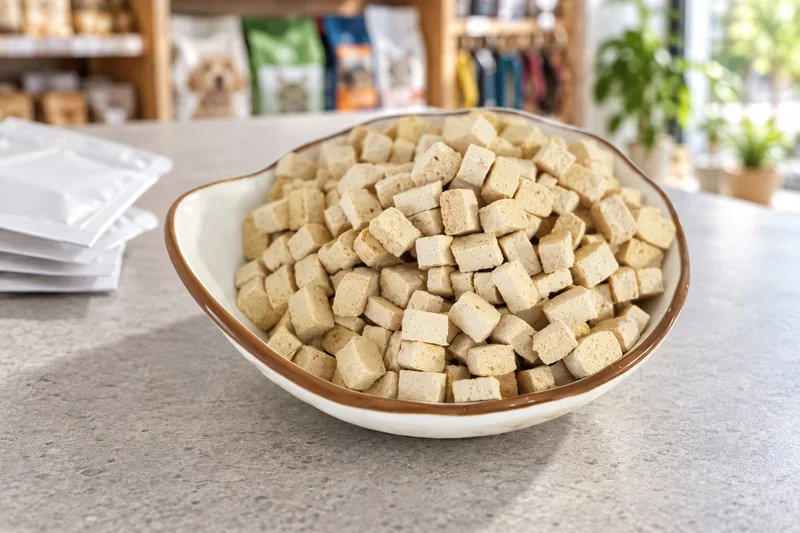 Duck snack granules in the original cream dish with illustrative sample pouches at a pet shop